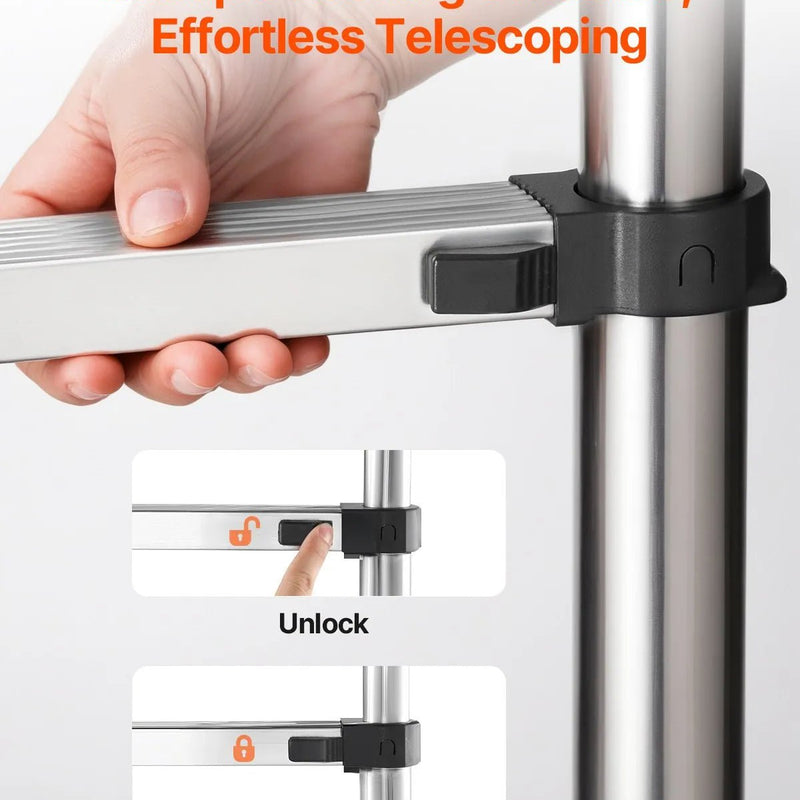 VEVOR teleskopiskās kāpnes 2540 mm no nerūsējošā tērauda, 9 pakāpienu izvelkamas kāpnes ar daudzpakāpju salocīšanas mehānismu, celtspēja 150 kg, neslīdošas kājiņas, vieglas un pārnēsājamas, piemērotas mājai, kemperim un loftam - ZEMLETES.LV