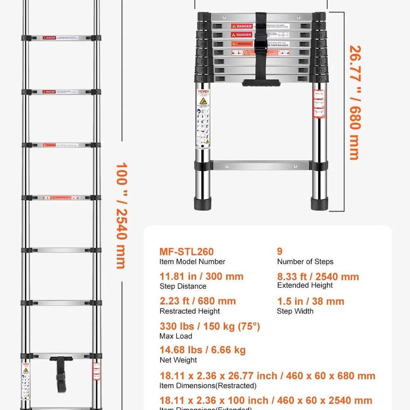 VEVOR teleskopiskās kāpnes 2540 mm no nerūsējošā tērauda, 9 pakāpienu izvelkamas kāpnes ar daudzpakāpju salocīšanas mehānismu, celtspēja 150 kg, neslīdošas kājiņas, vieglas un pārnēsājamas, piemērotas mājai, kemperim un loftam - ZEMLETES.LV