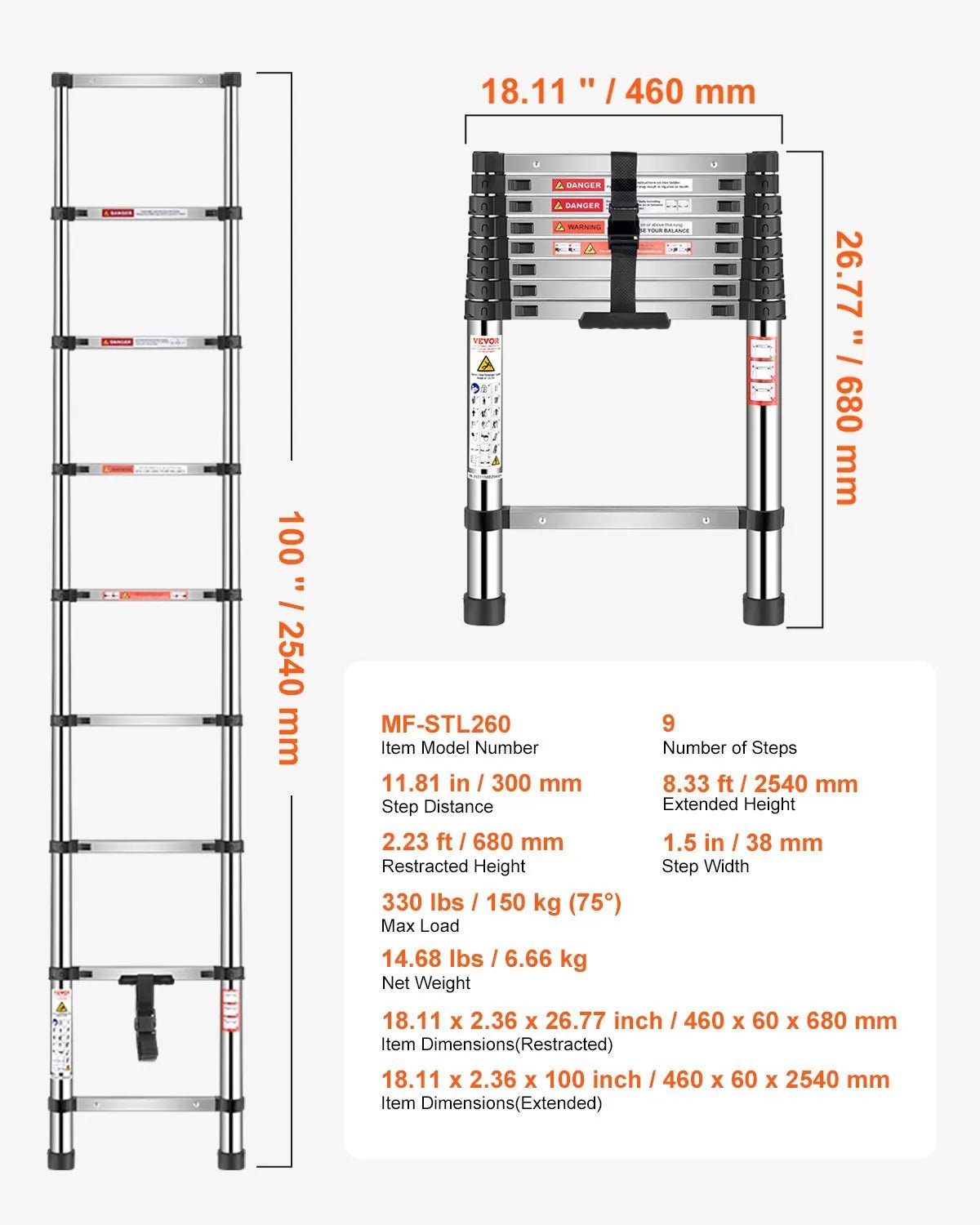 VEVOR teleskopiskās kāpnes 2540 mm no nerūsējošā tērauda, 9 pakāpienu izvelkamas kāpnes ar daudzpakāpju salocīšanas mehānismu, celtspēja 150 kg, neslīdošas kājiņas, vieglas un pārnēsājamas, piemērotas mājai, kemperim un loftam - ZEMLETES.LV