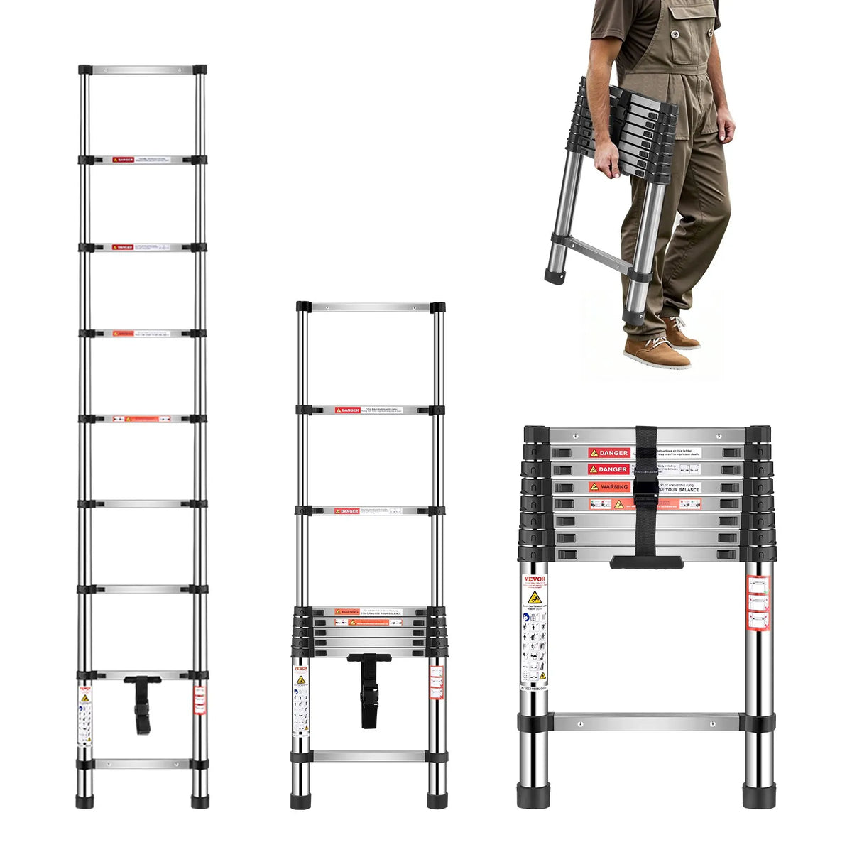 VEVOR teleskopiskās kāpnes 2540 mm no nerūsējošā tērauda, 9 pakāpienu izvelkamas kāpnes ar daudzpakāpju salocīšanas mehānismu, celtspēja 150 kg, neslīdošas kājiņas, vieglas un pārnēsājamas, piemērotas mājai, kemperim un loftam - ZEMLETES.LV