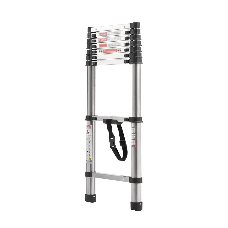 VEVOR teleskopiskās kāpnes 2540 mm no nerūsējošā tērauda, 9 pakāpienu izvelkamas kāpnes ar daudzpakāpju salocīšanas mehānismu, celtspēja 150 kg, neslīdošas kājiņas, vieglas un pārnēsājamas, piemērotas mājai, kemperim un loftam - ZEMLETES.LV