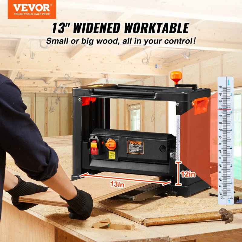 VEVOR biezumēvele 2000 W ar 33 cm darba galdu, diviem ātrumiem un trīs asmeņiem, galda ēvele ar 30,5 cm pagarinātu padeves galdu, zemu trokšņa līmeni cietas un mīkstas koksnes apstrādei