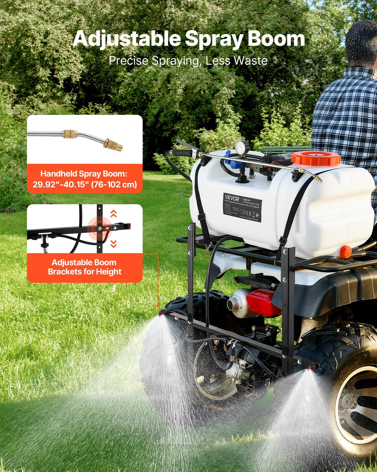 VEVOR ATV/UTV piekabināmais smidzinātājs, 60 l, 12 V sūknis, regulējams spiediens līdz 5 bar, ar misiņa sprauslu un 6,1 m šļūteni