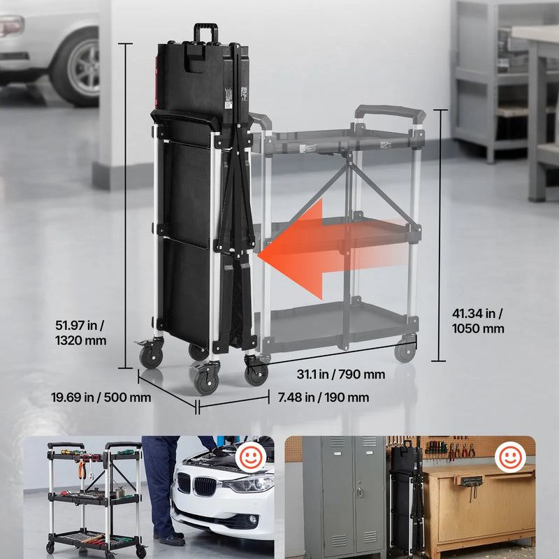 VEVOR 3 līmeņu saliekamie ratiņi ar paplātēm un sānu instrumentu turētāju, kravnesība 136 kg, 360° grozāmi riteņi, 2 ar bremzēm, garāžām, noliktavām un darbnīcām