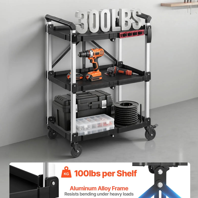 VEVOR 3 līmeņu saliekamie ratiņi ar paplātēm un sānu instrumentu turētāju, kravnesība 136 kg, 360° grozāmi riteņi, 2 ar bremzēm, garāžām, noliktavām un darbnīcām