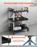 VEVOR 3 līmeņu saliekamie ratiņi ar paplātēm un sānu instrumentu turētāju, kravnesība 136 kg, 360° grozāmi riteņi, 2 ar bremzēm, garāžām, noliktavām un darbnīcām