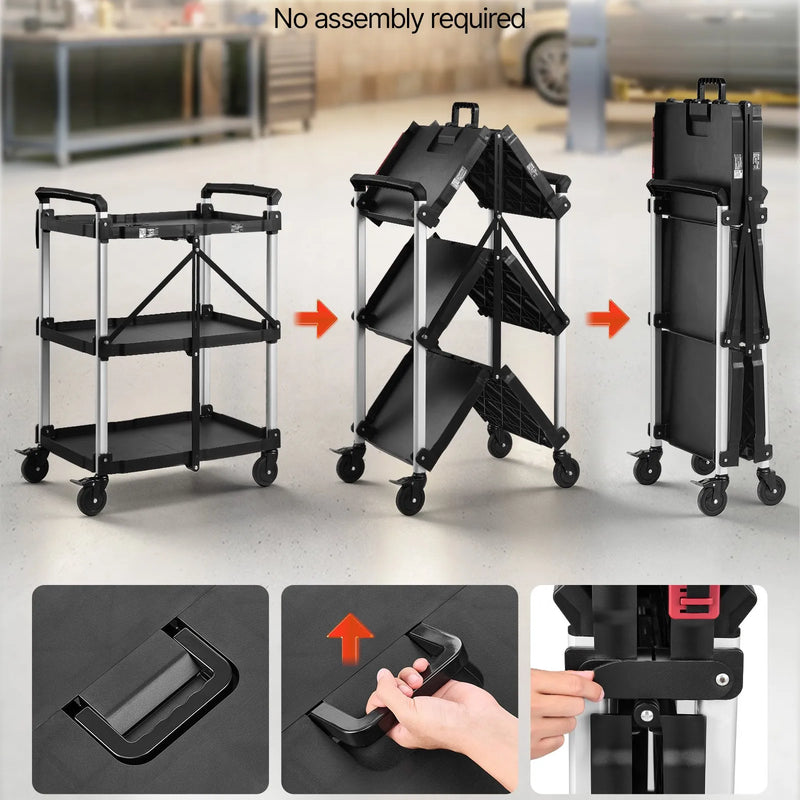 VEVOR 3 līmeņu saliekamie ratiņi ar paplātēm un sānu instrumentu turētāju, kravnesība 136 kg, 360° grozāmi riteņi, 2 ar bremzēm, garāžām, noliktavām un darbnīcām