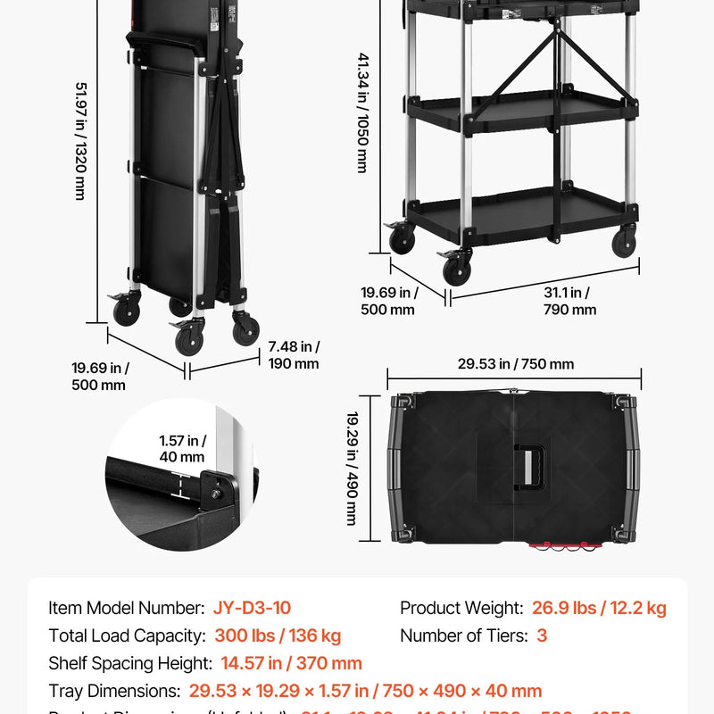 VEVOR 3 līmeņu saliekamie ratiņi ar paplātēm un sānu instrumentu turētāju, kravnesība 136 kg, 360° grozāmi riteņi, 2 ar bremzēm, garāžām, noliktavām un darbnīcām