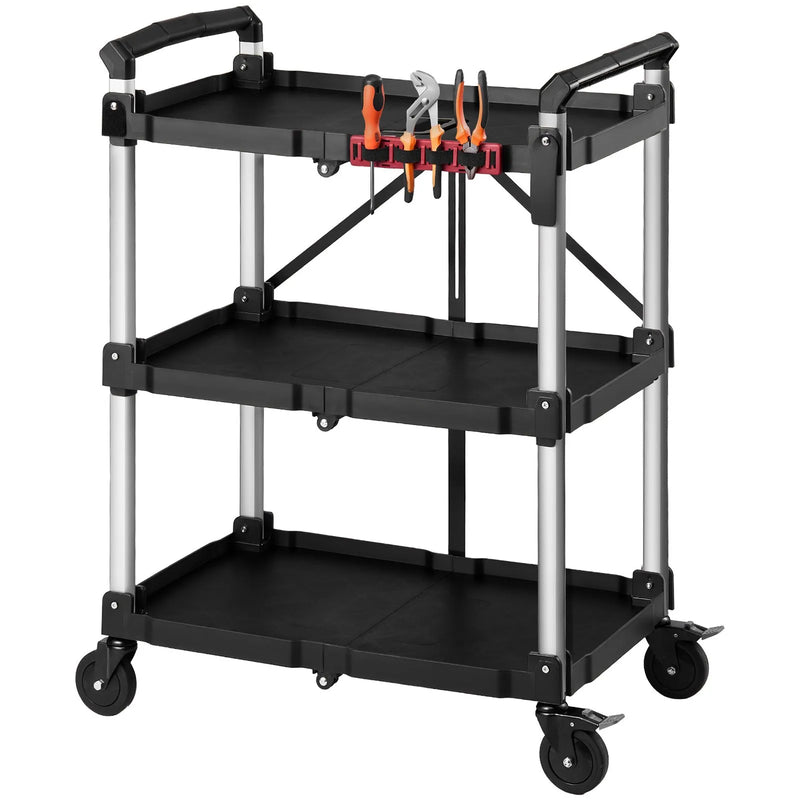VEVOR 3 līmeņu saliekamie ratiņi ar paplātēm un sānu instrumentu turētāju, kravnesība 136 kg, 360° grozāmi riteņi, 2 ar bremzēm, garāžām, noliktavām un darbnīcām