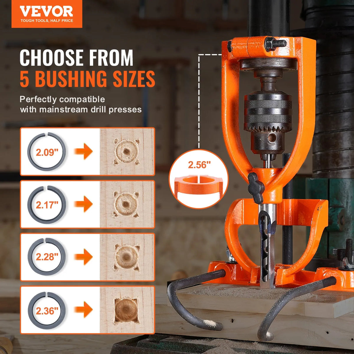 VEVOR Mortise Chisel Attachment for Drill Press with 4 Square Chisels and 5 Bushes
