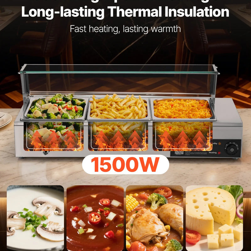 VEVOR komerciālais pārtikas sildītājs, 1500 W elektriskais nerūsējošā tērauda tvaika pārtikas sildītājs ar stikla vāku, galda Bain Marie ar 3 pusizmēra pārtikas traukiem ēdināšanai, restorāniem, pasākumiem un bufetēm - ZEMLETES.LV