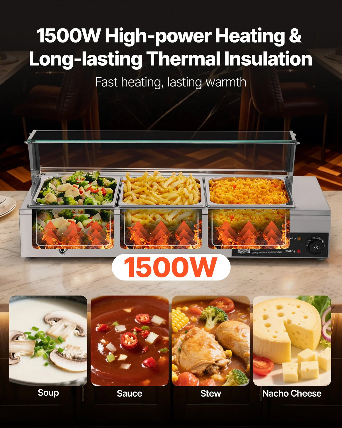 VEVOR komerciālais pārtikas sildītājs, 1500 W elektriskais nerūsējošā tērauda tvaika pārtikas sildītājs ar stikla vāku, galda Bain Marie ar 3 pusizmēra pārtikas traukiem ēdināšanai, restorāniem, pasākumiem un bufetēm - ZEMLETES.LV