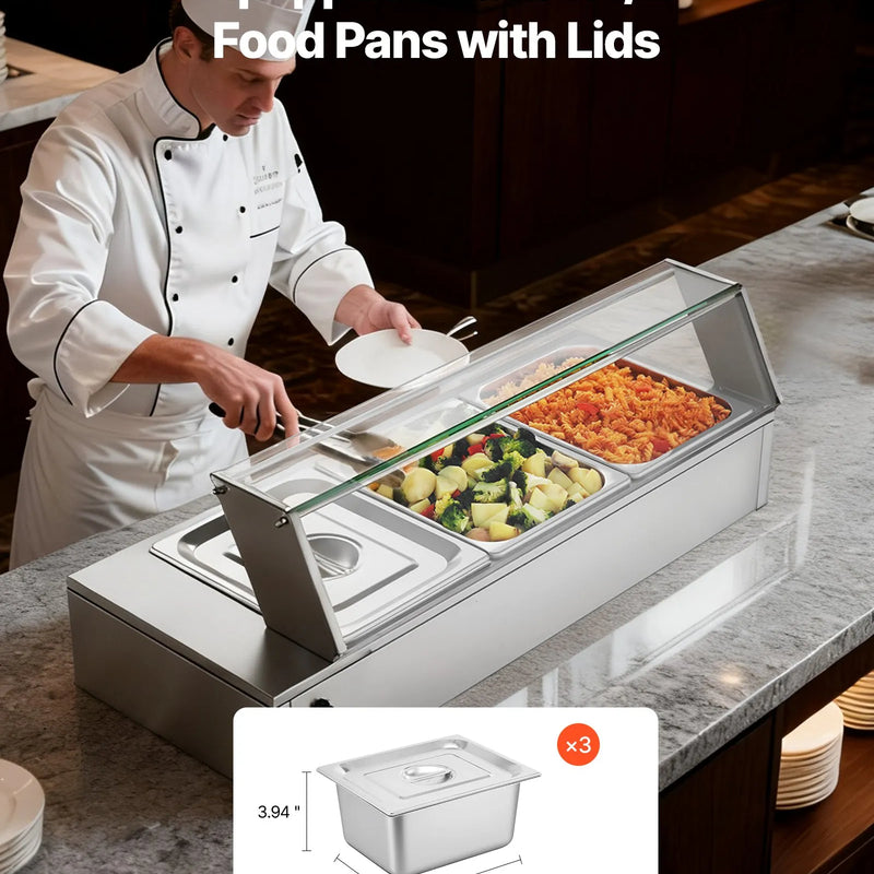 VEVOR komerciālais pārtikas sildītājs, 1500 W elektriskais nerūsējošā tērauda tvaika pārtikas sildītājs ar stikla vāku, galda Bain Marie ar 3 pusizmēra pārtikas traukiem ēdināšanai, restorāniem, pasākumiem un bufetēm - ZEMLETES.LV