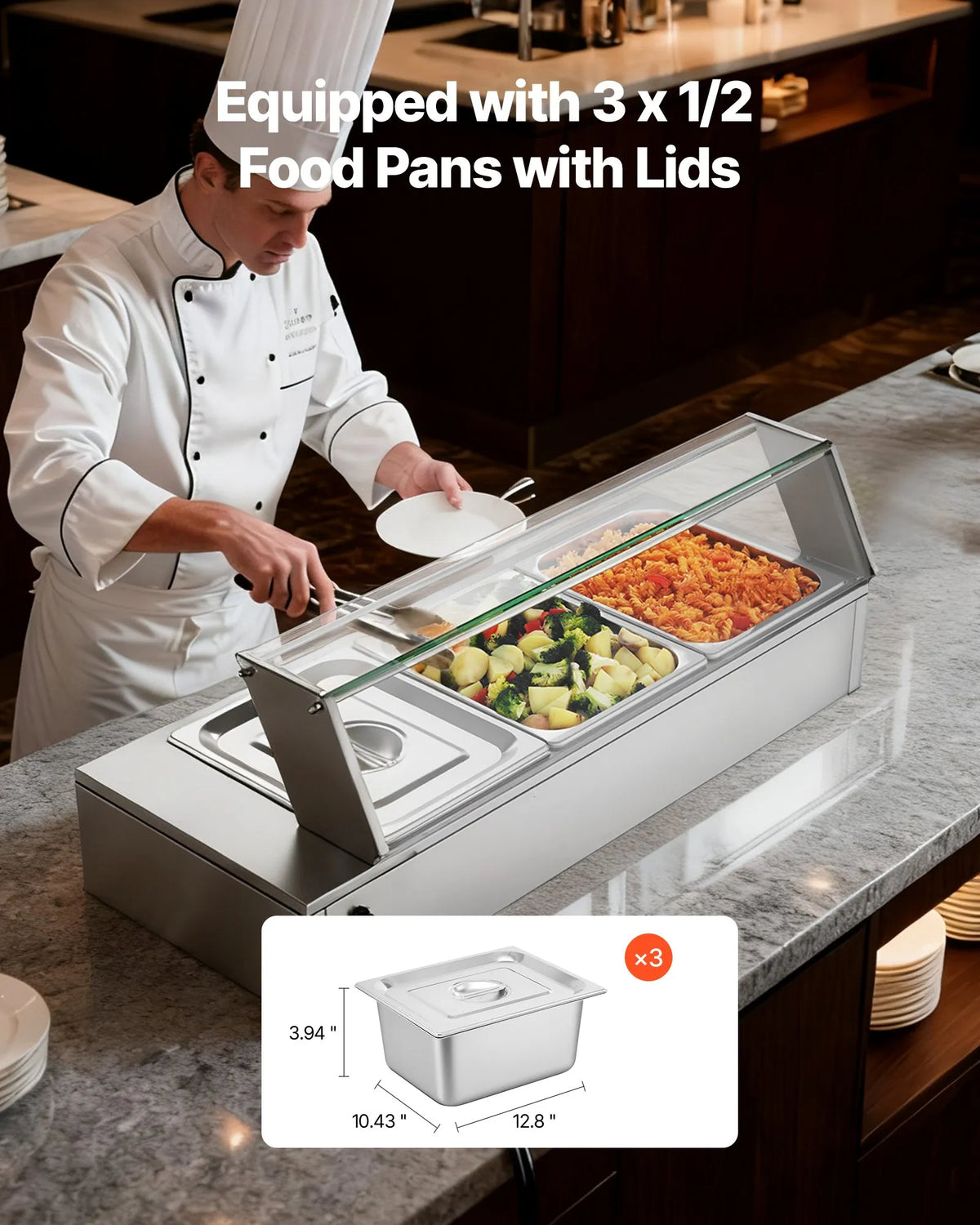 VEVOR komerciālais pārtikas sildītājs, 1500 W elektriskais nerūsējošā tērauda tvaika pārtikas sildītājs ar stikla vāku, galda Bain Marie ar 3 pusizmēra pārtikas traukiem ēdināšanai, restorāniem, pasākumiem un bufetēm - ZEMLETES.LV