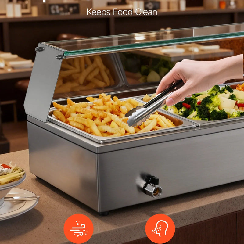 VEVOR komerciālais pārtikas sildītājs, 1500 W elektriskais nerūsējošā tērauda tvaika pārtikas sildītājs ar stikla vāku, galda Bain Marie ar 3 pusizmēra pārtikas traukiem ēdināšanai, restorāniem, pasākumiem un bufetēm - ZEMLETES.LV