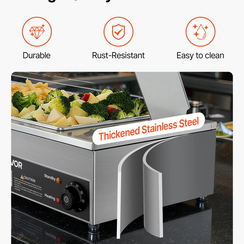 VEVOR komerciālais pārtikas sildītājs, 1500 W elektriskais nerūsējošā tērauda tvaika pārtikas sildītājs ar stikla vāku, galda Bain Marie ar 3 pusizmēra pārtikas traukiem ēdināšanai, restorāniem, pasākumiem un bufetēm - ZEMLETES.LV