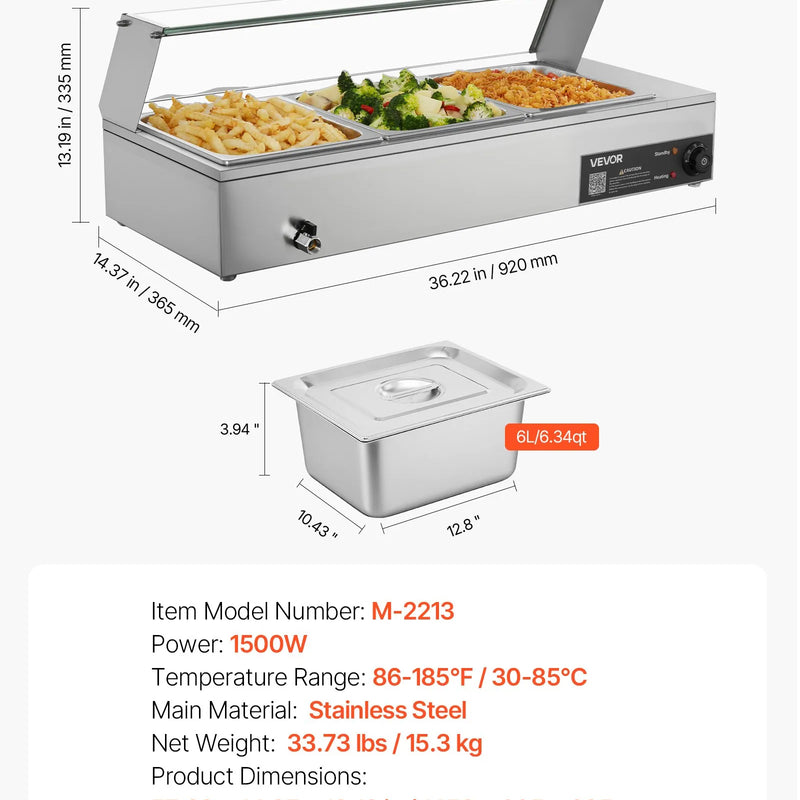 VEVOR komerciālais pārtikas sildītājs, 1500 W elektriskais nerūsējošā tērauda tvaika pārtikas sildītājs ar stikla vāku, galda Bain Marie ar 3 pusizmēra pārtikas traukiem ēdināšanai, restorāniem, pasākumiem un bufetēm - ZEMLETES.LV