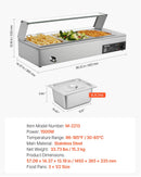 VEVOR komerciālais pārtikas sildītājs, 1500 W elektriskais nerūsējošā tērauda tvaika pārtikas sildītājs ar stikla vāku, galda Bain Marie ar 3 pusizmēra pārtikas traukiem ēdināšanai, restorāniem, pasākumiem un bufetēm - ZEMLETES.LV