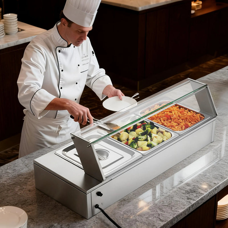 VEVOR komerciālais pārtikas sildītājs, 1500 W elektriskais nerūsējošā tērauda tvaika pārtikas sildītājs ar stikla vāku, galda Bain Marie ar 3 pusizmēra pārtikas traukiem ēdināšanai, restorāniem, pasākumiem un bufetēm - ZEMLETES.LV