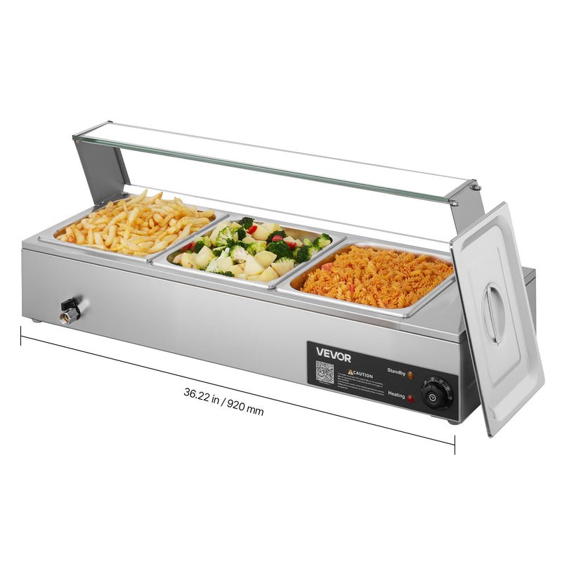 VEVOR komerciālais pārtikas sildītājs, 1500 W elektriskais nerūsējošā tērauda tvaika pārtikas sildītājs ar stikla vāku, galda Bain Marie ar 3 pusizmēra pārtikas traukiem ēdināšanai, restorāniem, pasākumiem un bufetēm - ZEMLETES.LV