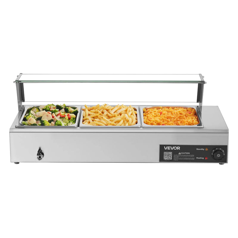 VEVOR komerciālais pārtikas sildītājs, 1500 W elektriskais nerūsējošā tērauda tvaika pārtikas sildītājs ar stikla vāku, galda Bain Marie ar 3 pusizmēra pārtikas traukiem ēdināšanai, restorāniem, pasākumiem un bufetēm - ZEMLETES.LV