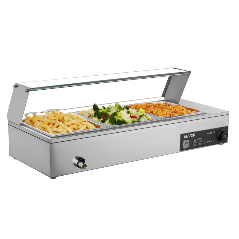 VEVOR komerciālais pārtikas sildītājs, 1500 W elektriskais nerūsējošā tērauda tvaika pārtikas sildītājs ar stikla vāku, galda Bain Marie ar 3 pusizmēra pārtikas traukiem ēdināšanai, restorāniem, pasākumiem un bufetēm - ZEMLETES.LV