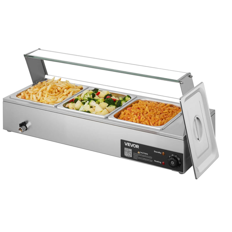 VEVOR komerciālais pārtikas sildītājs, 1500 W elektriskais nerūsējošā tērauda tvaika pārtikas sildītājs ar stikla vāku, galda Bain Marie ar 3 pusizmēra pārtikas traukiem ēdināšanai, restorāniem, pasākumiem un bufetēm - ZEMLETES.LV