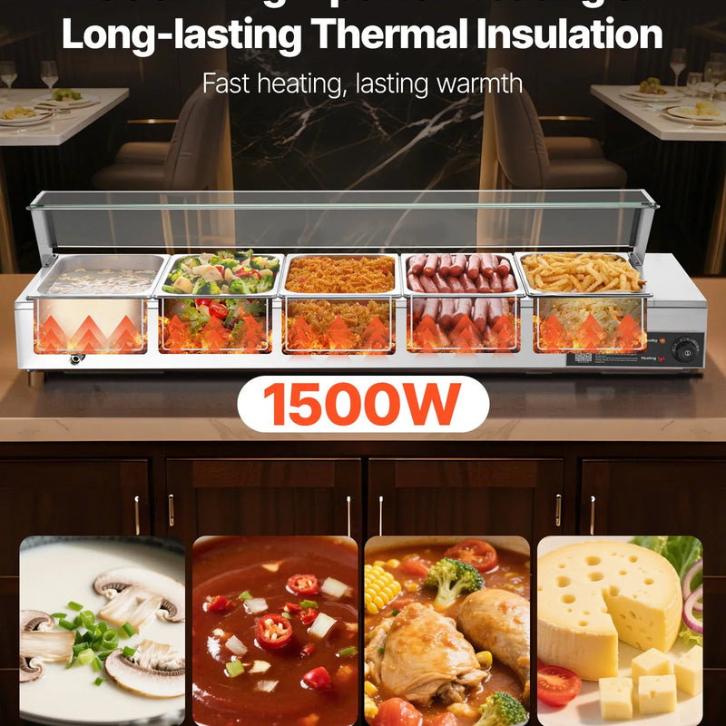 VEVOR komerciālais pārtikas sildītājs, 1500 W elektriskais nerūsējošā tērauda tvaika pārtikas sildītājs ar stikla vāku, galda Bain Marie ar 5 pusizmēra pārtikas traukiem ēdināšanai, restorāniem, pasākumiem un bufetēm - ZEMLETES.LV