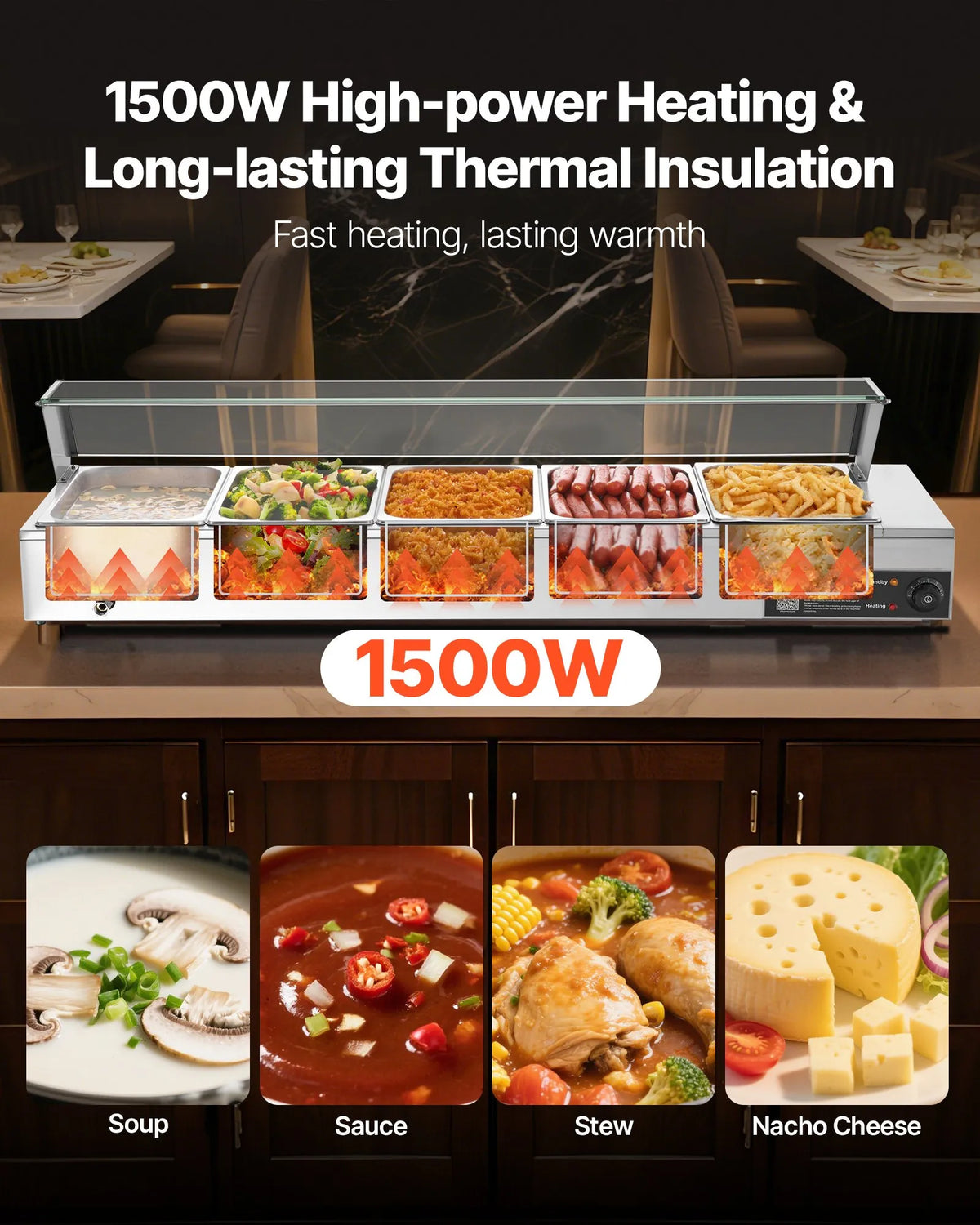 VEVOR komerciālais pārtikas sildītājs, 1500 W elektriskais nerūsējošā tērauda tvaika pārtikas sildītājs ar stikla vāku, galda Bain Marie ar 5 pusizmēra pārtikas traukiem ēdināšanai, restorāniem, pasākumiem un bufetēm - ZEMLETES.LV