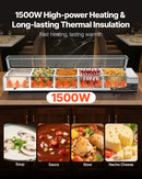 VEVOR komerciālais pārtikas sildītājs, 1500 W elektriskais nerūsējošā tērauda tvaika pārtikas sildītājs ar stikla vāku, galda Bain Marie ar 5 pusizmēra pārtikas traukiem ēdināšanai, restorāniem, pasākumiem un bufetēm - ZEMLETES.LV
