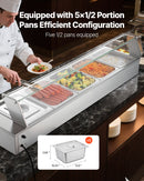 VEVOR komerciālais pārtikas sildītājs, 1500 W elektriskais nerūsējošā tērauda tvaika pārtikas sildītājs ar stikla vāku, galda Bain Marie ar 5 pusizmēra pārtikas traukiem ēdināšanai, restorāniem, pasākumiem un bufetēm - ZEMLETES.LV