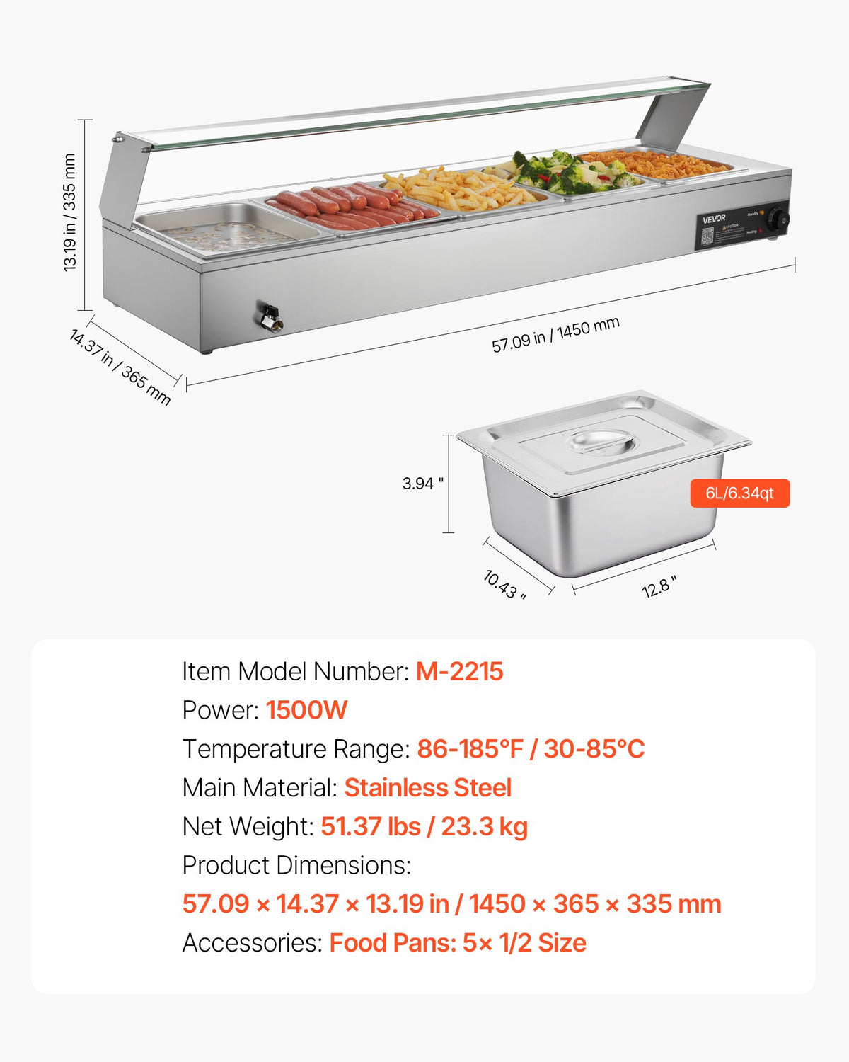 VEVOR komerciālais pārtikas sildītājs, 1500 W elektriskais nerūsējošā tērauda tvaika pārtikas sildītājs ar stikla vāku, galda Bain Marie ar 5 pusizmēra pārtikas traukiem ēdināšanai, restorāniem, pasākumiem un bufetēm - ZEMLETES.LV