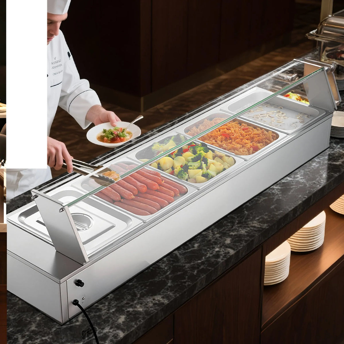 VEVOR komerciālais pārtikas sildītājs, 1500 W elektriskais nerūsējošā tērauda tvaika pārtikas sildītājs ar stikla vāku, galda Bain Marie ar 5 pusizmēra pārtikas traukiem ēdināšanai, restorāniem, pasākumiem un bufetēm - ZEMLETES.LV