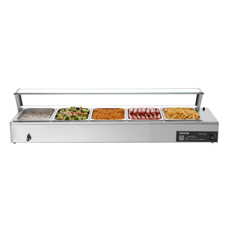 VEVOR komerciālais pārtikas sildītājs, 1500 W elektriskais nerūsējošā tērauda tvaika pārtikas sildītājs ar stikla vāku, galda Bain Marie ar 5 pusizmēra pārtikas traukiem ēdināšanai, restorāniem, pasākumiem un bufetēm - ZEMLETES.LV