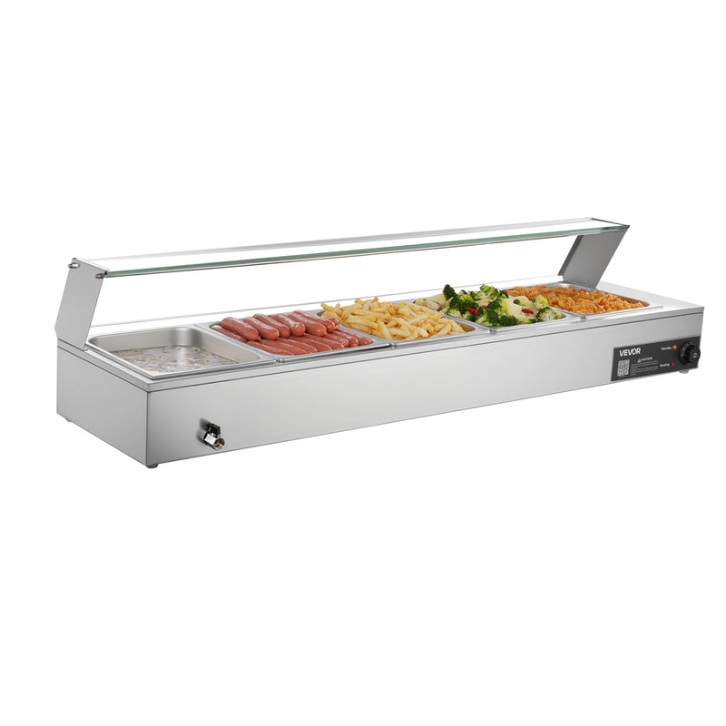 VEVOR komerciālais pārtikas sildītājs, 1500 W elektriskais nerūsējošā tērauda tvaika pārtikas sildītājs ar stikla vāku, galda Bain Marie ar 5 pusizmēra pārtikas traukiem ēdināšanai, restorāniem, pasākumiem un bufetēm - ZEMLETES.LV