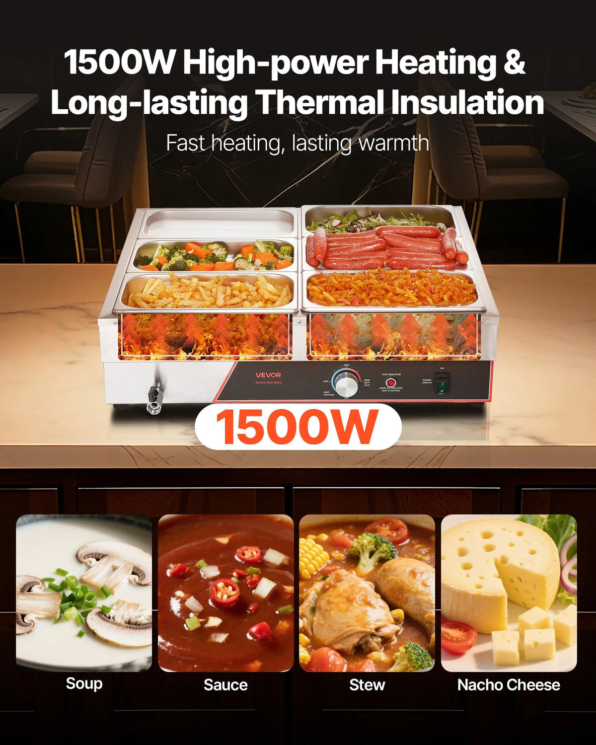 VEVOR komerciālais pārtikas sildītājs, 1500 W elektriskais nerūsējošā tērauda tvaika pārtikas sildītājs ar vāku, galda Bain Marie ar 6 traukiem un ātru uzsildīšanu, komplektā strāvas vads, piemērots ēdināšanai, restorāniem, pasākumiem un bufetēm - ZEMLETES.LV