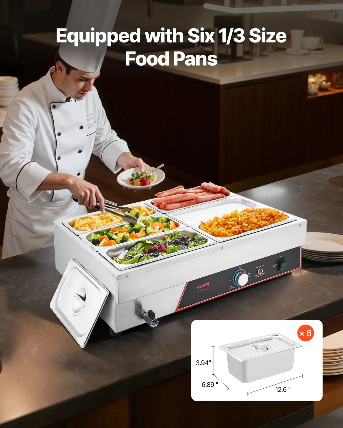 VEVOR komerciālais pārtikas sildītājs, 1500 W elektriskais nerūsējošā tērauda tvaika pārtikas sildītājs ar vāku, galda Bain Marie ar 6 traukiem un ātru uzsildīšanu, komplektā strāvas vads, piemērots ēdināšanai, restorāniem, pasākumiem un bufetēm - ZEMLETES.LV