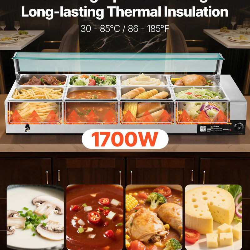 VEVOR komerciālais pārtikas sildītājs, 1700 W elektriskais nerūsējošā tērauda tvaika pārtikas sildītājs ar stikla vāku, galda Bain Marie ar 8 traukiem, zupas kausu un perforētu kausu ēdināšanai, restorāniem un pasākumiem - ZEMLETES.LV