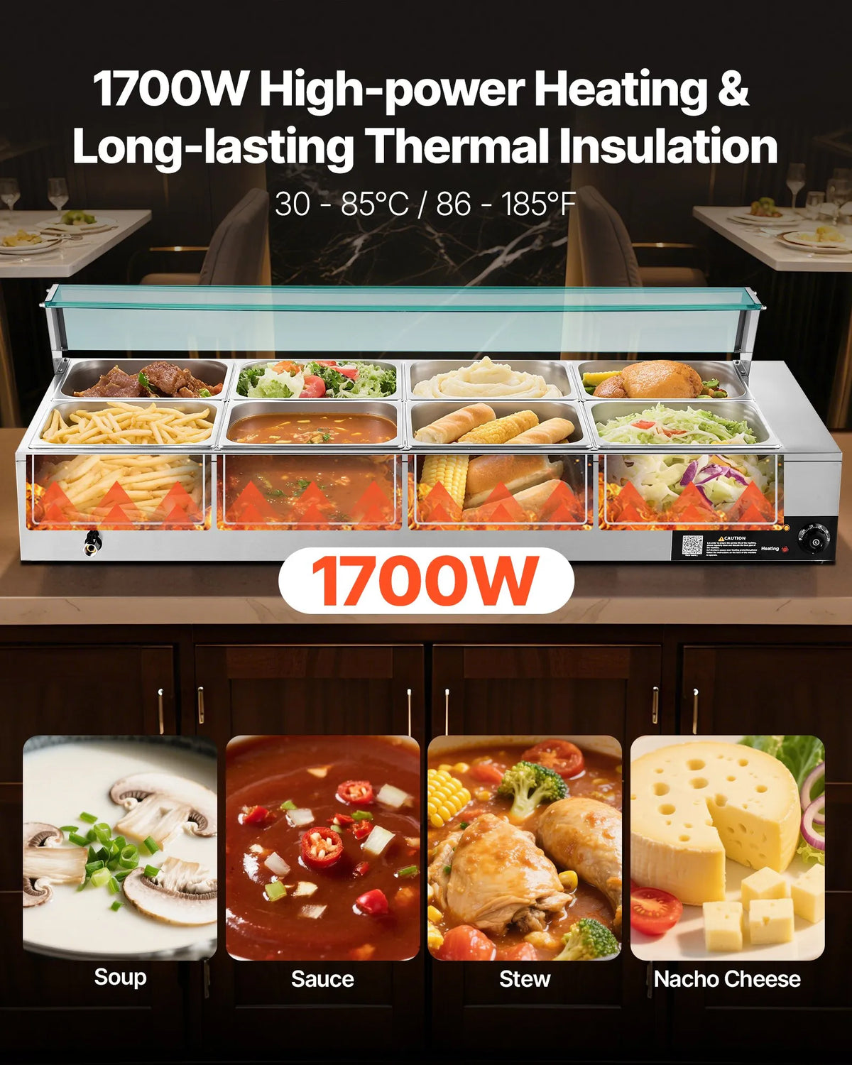 VEVOR komerciālais pārtikas sildītājs, 1700 W elektriskais nerūsējošā tērauda tvaika pārtikas sildītājs ar stikla vāku, galda Bain Marie ar 8 traukiem, zupas kausu un perforētu kausu ēdināšanai, restorāniem un pasākumiem - ZEMLETES.LV