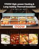 VEVOR komerciālais pārtikas sildītājs, 1700 W elektriskais nerūsējošā tērauda tvaika pārtikas sildītājs ar stikla vāku, galda Bain Marie ar 8 traukiem, zupas kausu un perforētu kausu ēdināšanai, restorāniem un pasākumiem - ZEMLETES.LV