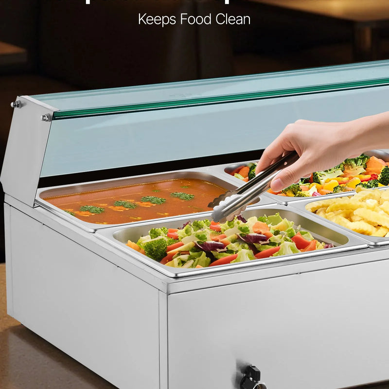 VEVOR komerciālais pārtikas sildītājs, 1700 W elektriskais nerūsējošā tērauda tvaika pārtikas sildītājs ar stikla vāku, galda Bain Marie ar 8 traukiem, zupas kausu un perforētu kausu ēdināšanai, restorāniem un pasākumiem - ZEMLETES.LV