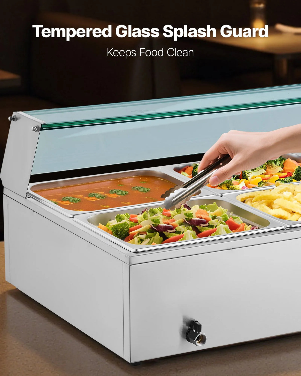 VEVOR komerciālais pārtikas sildītājs, 1700 W elektriskais nerūsējošā tērauda tvaika pārtikas sildītājs ar stikla vāku, galda Bain Marie ar 8 traukiem, zupas kausu un perforētu kausu ēdināšanai, restorāniem un pasākumiem - ZEMLETES.LV