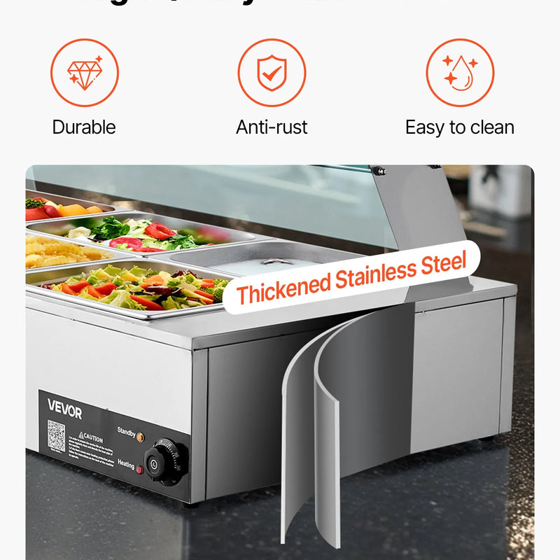 VEVOR komerciālais pārtikas sildītājs, 1700 W elektriskais nerūsējošā tērauda tvaika pārtikas sildītājs ar stikla vāku, galda Bain Marie ar 8 traukiem, zupas kausu un perforētu kausu ēdināšanai, restorāniem un pasākumiem - ZEMLETES.LV