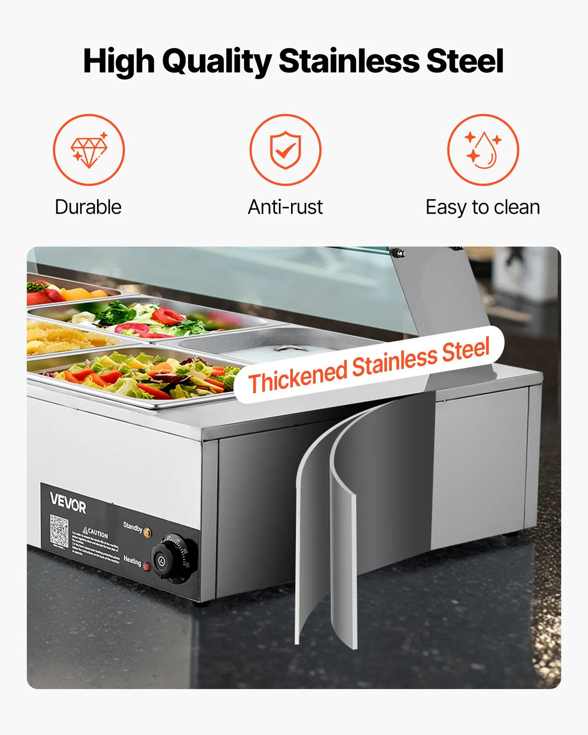 VEVOR komerciālais pārtikas sildītājs, 1700 W elektriskais nerūsējošā tērauda tvaika pārtikas sildītājs ar stikla vāku, galda Bain Marie ar 8 traukiem, zupas kausu un perforētu kausu ēdināšanai, restorāniem un pasākumiem - ZEMLETES.LV