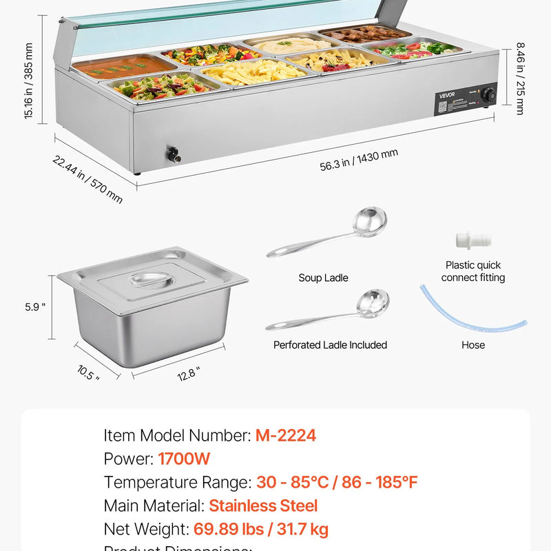 VEVOR komerciālais pārtikas sildītājs, 1700 W elektriskais nerūsējošā tērauda tvaika pārtikas sildītājs ar stikla vāku, galda Bain Marie ar 8 traukiem, zupas kausu un perforētu kausu ēdināšanai, restorāniem un pasākumiem - ZEMLETES.LV