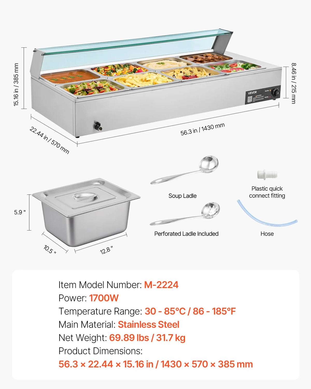 VEVOR komerciālais pārtikas sildītājs, 1700 W elektriskais nerūsējošā tērauda tvaika pārtikas sildītājs ar stikla vāku, galda Bain Marie ar 8 traukiem, zupas kausu un perforētu kausu ēdināšanai, restorāniem un pasākumiem - ZEMLETES.LV