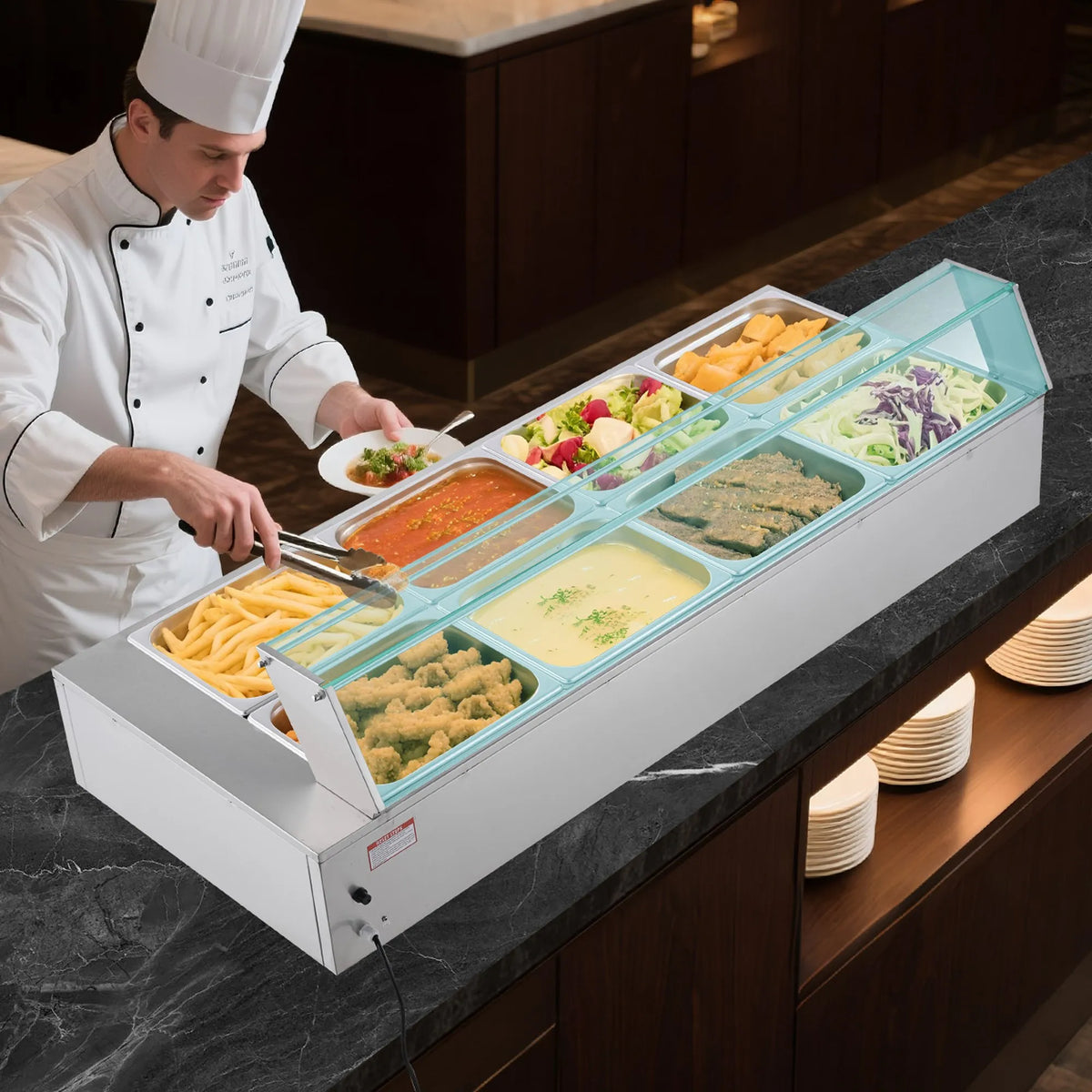 VEVOR komerciālais pārtikas sildītājs, 1700 W elektriskais nerūsējošā tērauda tvaika pārtikas sildītājs ar stikla vāku, galda Bain Marie ar 8 traukiem, zupas kausu un perforētu kausu ēdināšanai, restorāniem un pasākumiem - ZEMLETES.LV