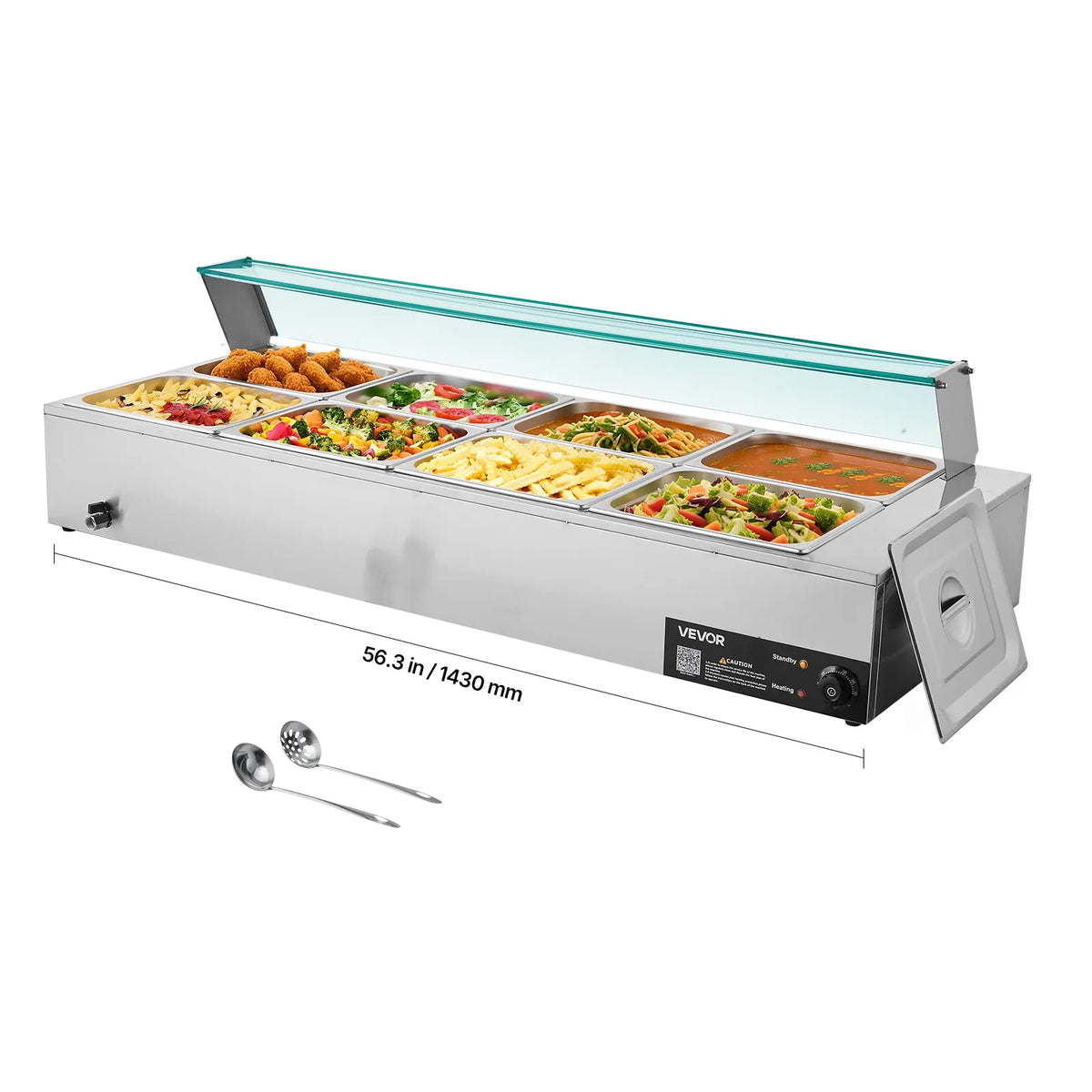 VEVOR komerciālais pārtikas sildītājs, 1700 W elektriskais nerūsējošā tērauda tvaika pārtikas sildītājs ar stikla vāku, galda Bain Marie ar 8 traukiem, zupas kausu un perforētu kausu ēdināšanai, restorāniem un pasākumiem - ZEMLETES.LV