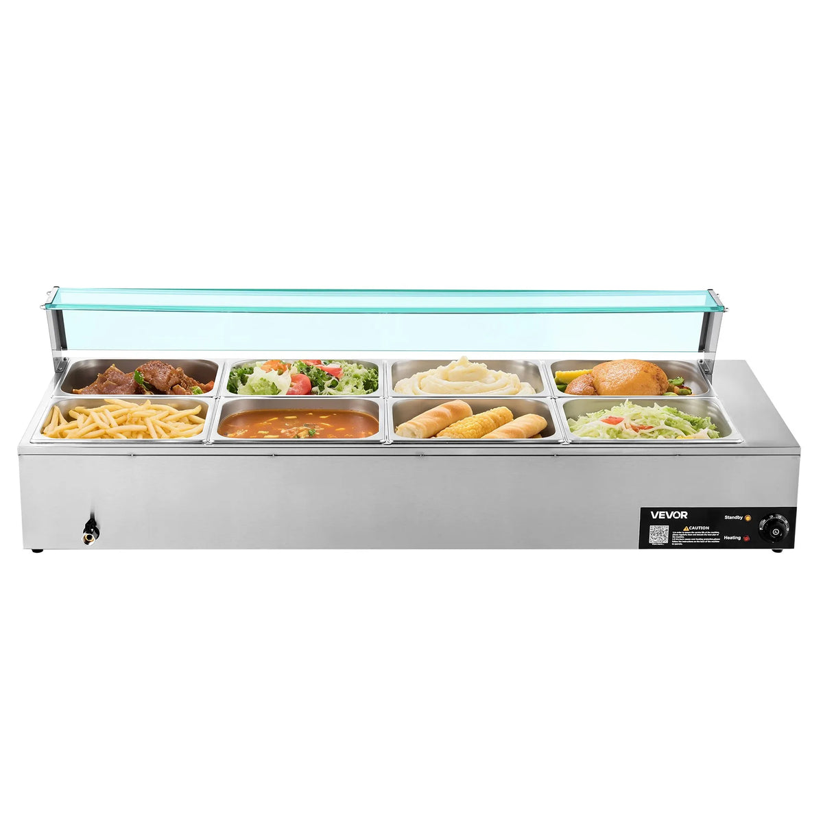 VEVOR komerciālais pārtikas sildītājs, 1700 W elektriskais nerūsējošā tērauda tvaika pārtikas sildītājs ar stikla vāku, galda Bain Marie ar 8 traukiem, zupas kausu un perforētu kausu ēdināšanai, restorāniem un pasākumiem - ZEMLETES.LV