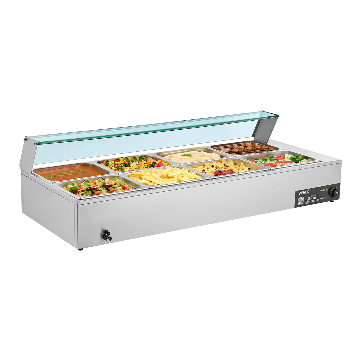 VEVOR komerciālais pārtikas sildītājs, 1700 W elektriskais nerūsējošā tērauda tvaika pārtikas sildītājs ar stikla vāku, galda Bain Marie ar 8 traukiem, zupas kausu un perforētu kausu ēdināšanai, restorāniem un pasākumiem - ZEMLETES.LV